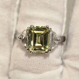 Simulated Yellow Green Tourmaline & White CZs Sterling Silver 925 Ring Size 8.5